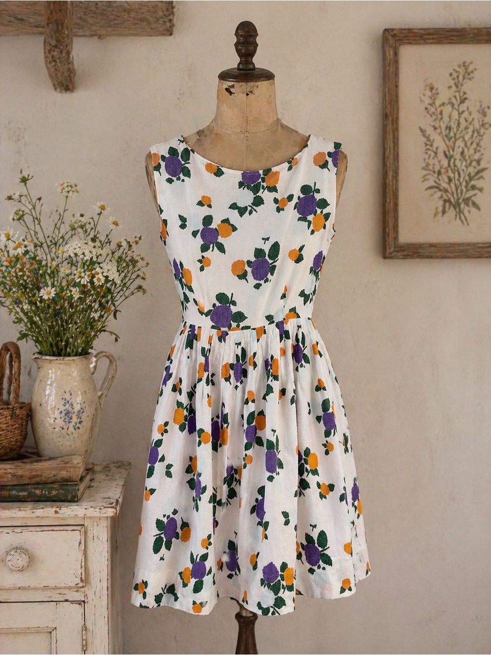 Vintage 1950s Floral Thick Cotton, Tight Knit, fit & flare day dress